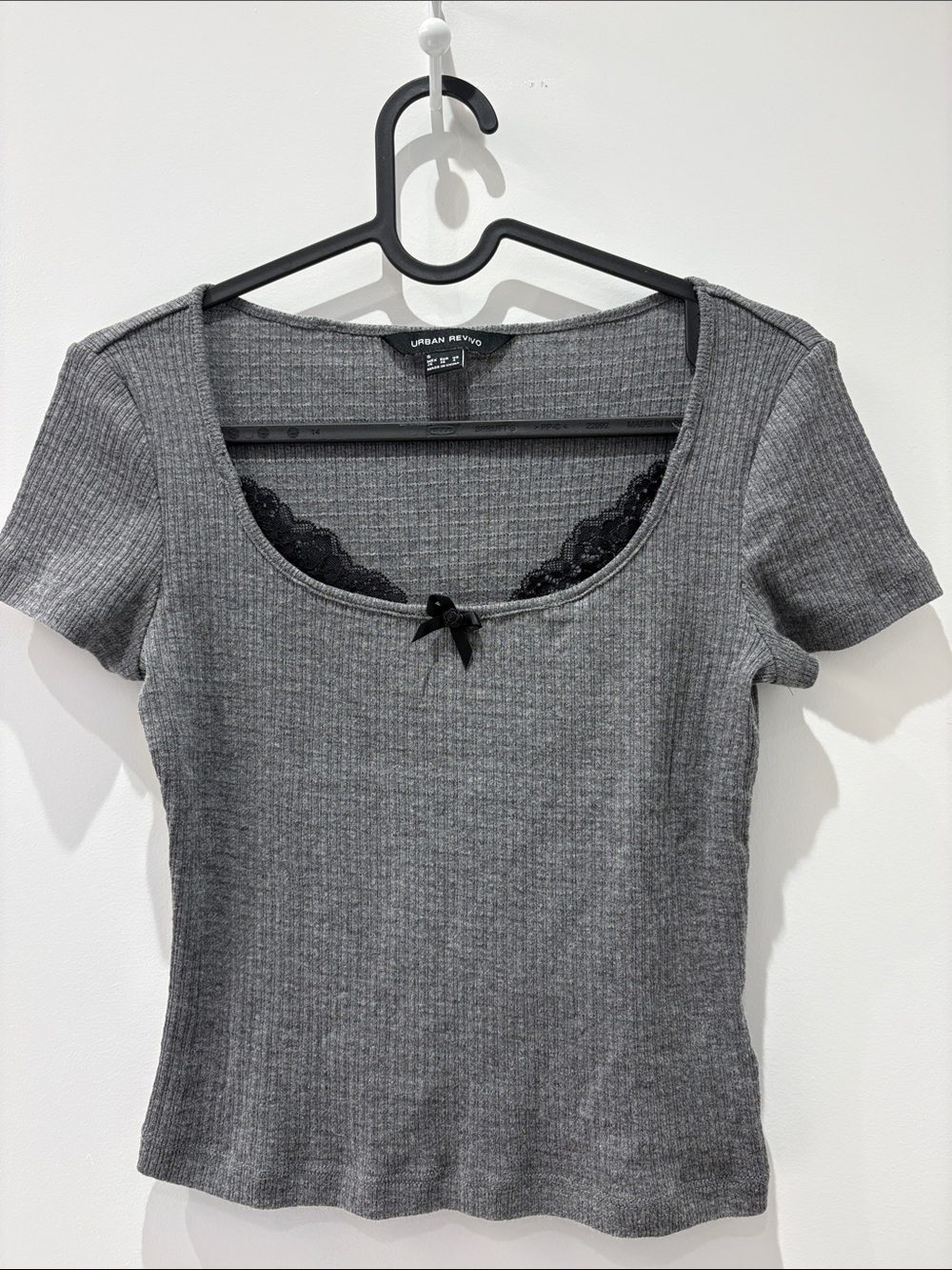 Urban Revivo Gray Ribbed Scoop Neck Tank with Lace Trim